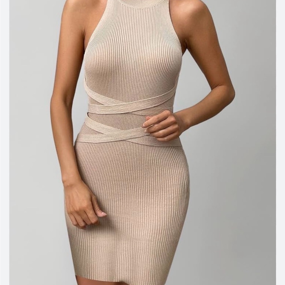 Elegant Beige Ribbed Mini Dress